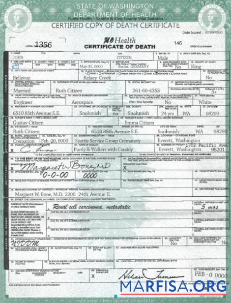 Printable USA Washington state death certificate template in PSD format, fully editable, version 2